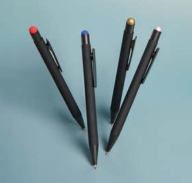 Ручка шариковая FACTOR BLACK со стилусом, черный/серебро, металл, пластик, софт-покрытие