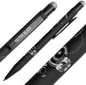 Ручка шариковая FACTOR BLACK со стилусом, черный/серебро, металл, пластик, софт-покрытие
