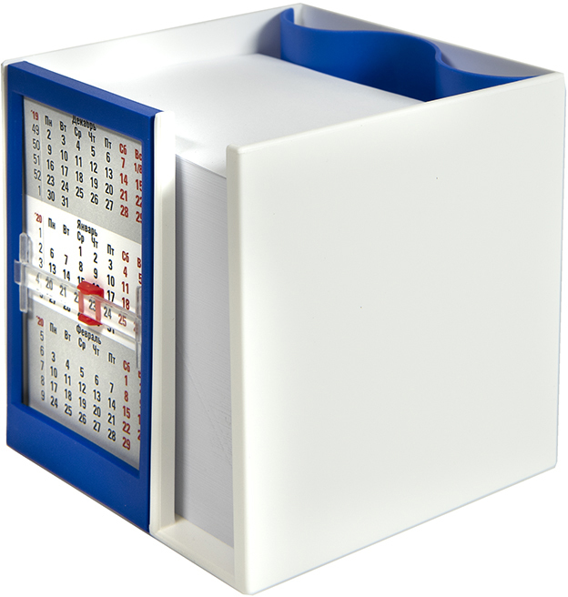 Артикул: H9505/24 — Календарь настольный  на 1 год с кубариком; белый с синим; 11х10х10 см; пластик