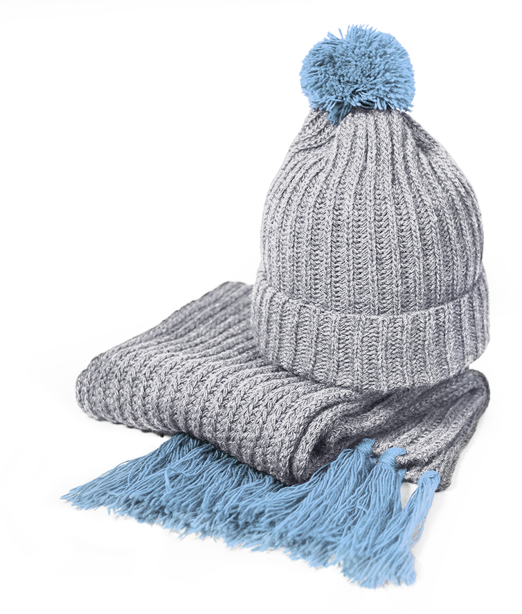 Артикул: H24110/22 — Вязаный комплект шарф и шапка GoSnow, меланж c фурнитурой, голубой, 70% акрил,30% шерсть