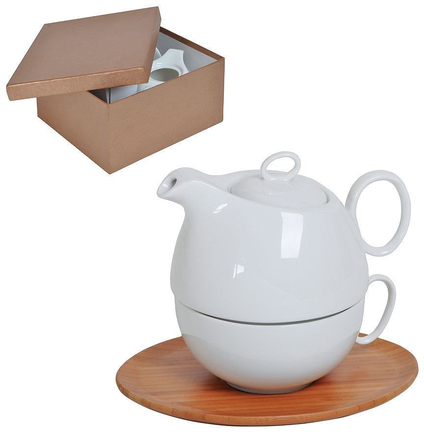 Артикул: H21501 — Набор "Мила": чайник и чайная пара в подарочной упаковке, 22х22х12см,500мл и 300мл, фарфор, бамбук