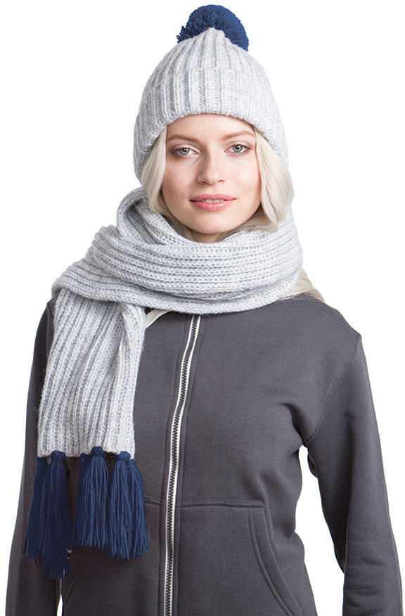 Артикул: H24110/25 — Вязаный комплект шарф и шапка GoSnow, меланж c фурнитурой, темно-синий, 70% акрил,30% шерсть