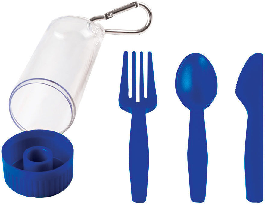 Артикул: H23902/24 — Набор "Pocket":ложка,вилка,нож в футляре с карабином, синий, 4,2х15см,пластик