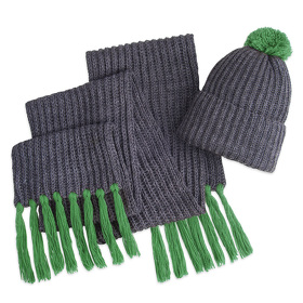 Вязаный комплект шарф и шапка GoSnow, антрацит c фурнитурой, ярко-зелёный, 70% акрил,30% шерсть
