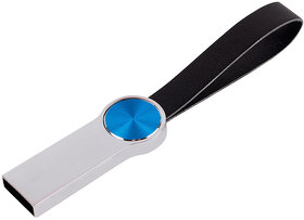USB flash-карта UFO (16Гб), серебристый с синим, 8,8х1х0,5см,металл, искусственная кожа