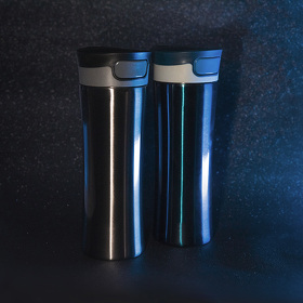 Термокружка дорожная вакуумная  DISCOVER; 450 мл; синий,  пластик, металл; лазерная гравировка