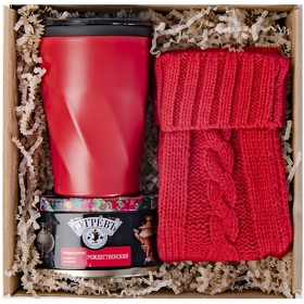 Подарочный набор LET IT JOY: перчатки сенсорные, термокружка, чай,  красный