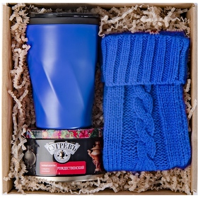 Подарочный набор LET IT JOY: перчатки сенсорные, термокружка, чай, синий