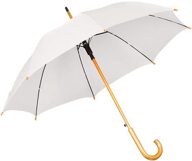 Зонт-трость с деревянной ручкой, полуавтомат; белый; D=103 см, L=90см; 100% полиэстер; шелкография (H7426/01)