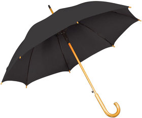 Зонт-трость с деревянной ручкой, полуавтомат; черный; D=103 см, L=90см; 100% полиэстер; шелкография (H7426/35)
