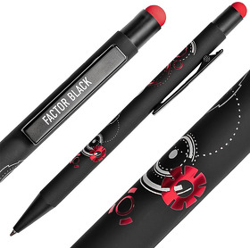 Ручка шариковая FACTOR BLACK со стилусом, черный/красный, металл, пластик, софт-покрытие