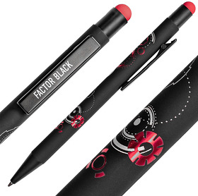 Ручка шариковая FACTOR BLACK со стилусом, черный/красный, металл, пластик, софт-покрытие