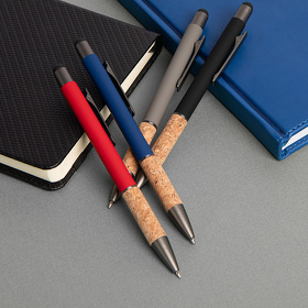 Ручка шариковая FACTOR GRIP со стилусом, черный/темно-серый, металл, пластик, пробка, софт-покрытие