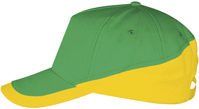 H700595.985 - Бейсболка "BOOSTER", 5 клиньев, металлическая застежка, зеленый/желтый, 100% хлопок, 260г/м2