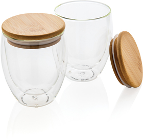 Набор стаканов из боросиликатного стекла с двойными стенками и бамбуковой крышкой, 250 мл (XP432.140)
