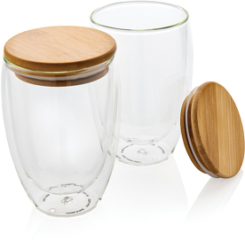 Набор стаканов из боросиликатного стекла с двойными стенками и бамбуковой крышкой, 350 мл (XP432.270)
