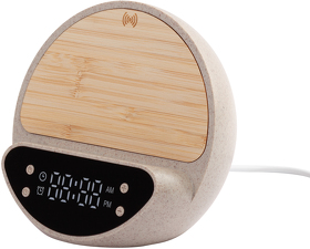 Настольные часы "Smiley" с беспроводным (10W) зарядным устройством и будильником, пшеница/бамбук/пластик (E7454)