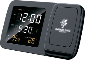Настольные часы "Smart Screen" с беспроводным (15W) зарядным устройством, гигрометром, термометром, календарём, с подсветкой логотипа (E9628-3)